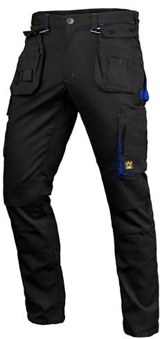 Seven Kings Arbeitshose Herren Ripstop Schwarz – Arbeitshosen Männer Stretch mit Kniepolstern – Holstertaschen abnehmbar – elastischer Bund – viele Taschen für Werkzeuge, Handy & Dokumente