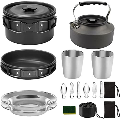 Juegos de Cocina para Acampar, Utensilios de Cocina completos con Olla, sartén, Tazas, Platos, Tenedores, cucharas y para Picnic al Aire Libre, Caminatas y mochileros - Utensilios de