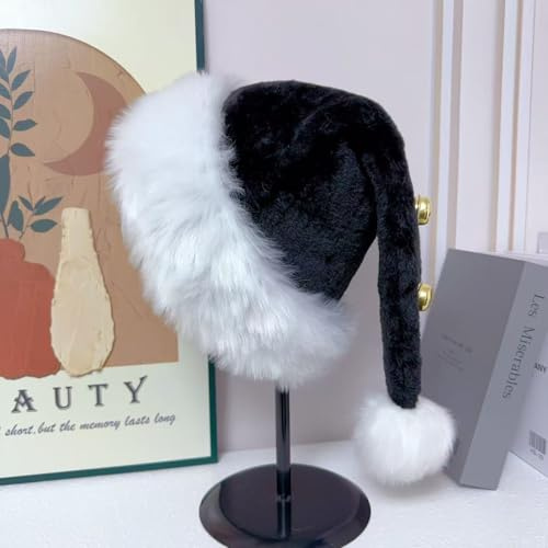 Long Christmas Santa Claus Hat with Bells,Deluxe Holiday Party Warm Plush Furry Christmas Hat Headwear Accessories (Black)