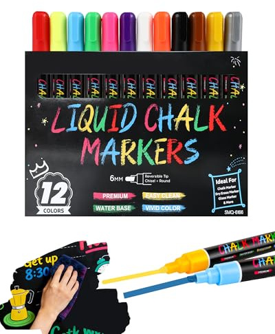 IMALPQPP 12 Rotuladores de Tiza Líquida Borrables para Pizarra y Ventana – 12 Colores Vivos, rotuladores pizarra blanca y rotuladores cristal borrable, ideales para decoración y DIY
