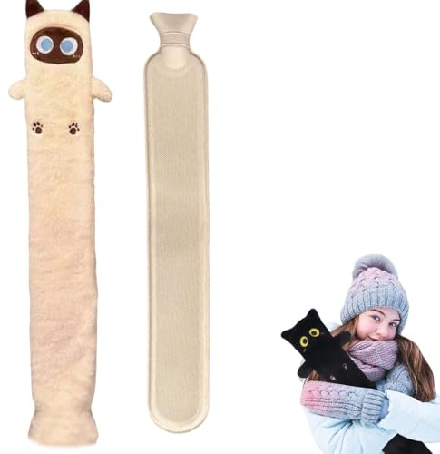 Long Hot Water Bag,Water Bottle with Soft Cat Cover, 2L Large Hot Water Bottles,Pain Relief for Neck Back Legs Arthritis Period Pain Hand Bed Warmer,Cute Fluffy Cat Shape Winter Hot Water Bag (Beige)