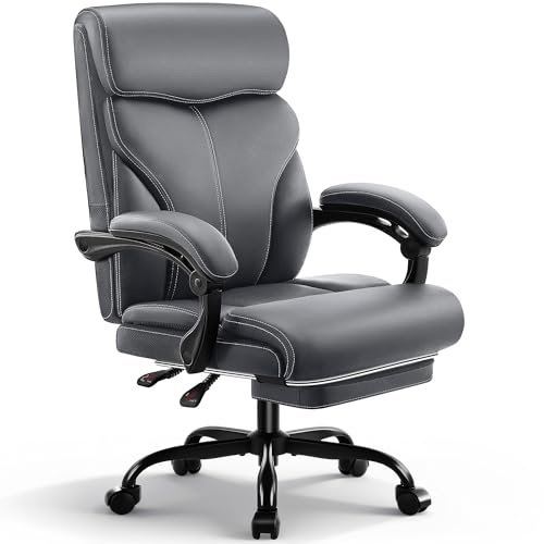 Coscendo Ergonomischer Chefsessel mit Fußstütze bis 180 kg, Grau | Kunstlederbezug, verstellbare Armlehnen, hohe Rückenlehne, Liegefunktion, ideal für Büro & Homeoffice