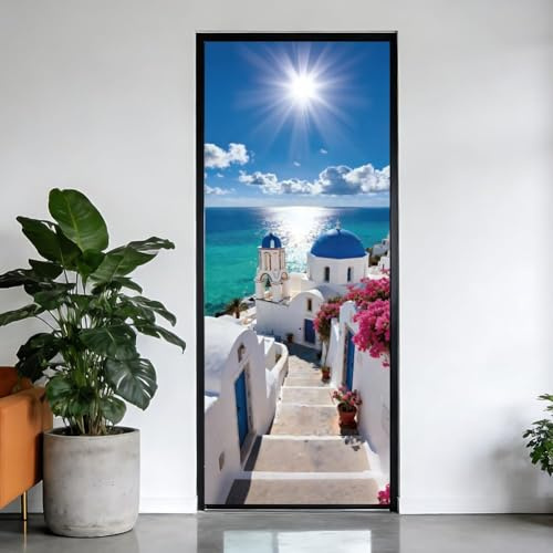 Vinilo para Puerta 3D Paisaje de Grecia, Pegatina Mural Villa Frente al Mar, Autoadhesiva e Impermeable, Decoración Extraíble para Salón y Dormitorio, 2 Piezas (Total 68x200 cm) m.1788