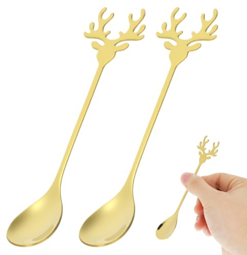RUNROTOO Cucchiaini da Caffè in Acciaio Inox a Forma di Renna 2 Pezzi Cucchiai Natalizi Dorati per Regalo di Natale Sicuri e Divertenti