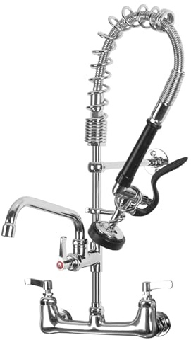 Commercial Sink Faucet with Sprayer for Kitchen : MSTJRY 25'' Height 8'' Center 12'' Spout Wall Mount Sink Faucet with Pre Rinse Sprayer - Brass Constructed Polished Chrome for 1/2/3 Compartment Sink