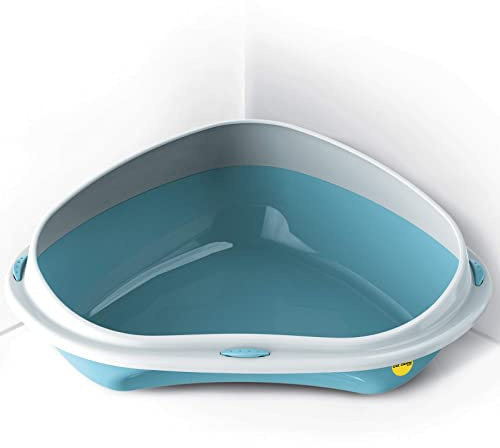 CAT CENTRE Blue Large Corner Cat Litter Tray with Rim, Anti-Spillage | Open kitten litter box, lowered entry step, rounded corners, easy clean plastic loo pan