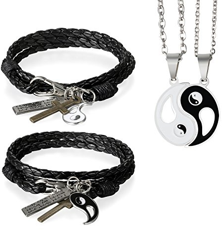Aroncent Halskette mit Tai Chi Anhänger Verstellbar Armband Set Vintage Leder Armbänder Yin Yang Taijitu Schmuck Set 2/4PCS