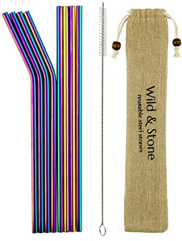 Wild & Stone Reusable Steel Drinking Straws, 8-Pack, with Cleaning Brush