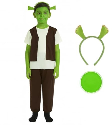 Child's Ogre Costume for Kids with Officially Licensed Shrek Ears & Green Face Paint – Funny Green Monster Fancy Dress Outfit for Halloween, Parties & Book Week