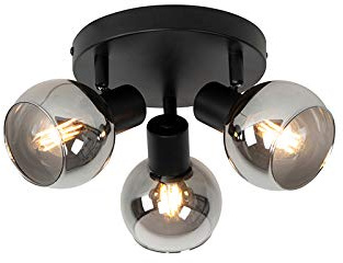 Qazqa Verstellbarer Deckenstrahler, Deckenspot - Vidro - Schwarz mit Rauchglas, max. 25W, Geeignet für LED, 35cm, Rund, 3-flammig, Ideal als Wohnzimmerlampe, Küche lampe und