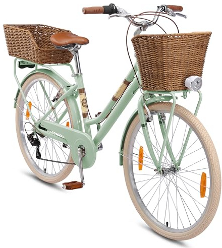 BIKESTAR Alu City Stadt Fahrrad 26, 28 Zoll | 16, 18 Zoll Rahmen, 7 Gang Shimano Damen Holland Rad, Retro Bike mit V-Bremse, Gepäckträger, Licht, Klingel, Korb, Speichenreflektoren | Risikofrei Testen