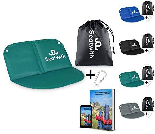 Seatwith Faltbares Iso-Sitzkissen (40x40cm) mit Wärme isolierender ALU Unterseite + Tragetasche & Karabinerhaken für ideale Befestigung am Rucksack maximaler Schutz vor Kälte Nässe Schmutz