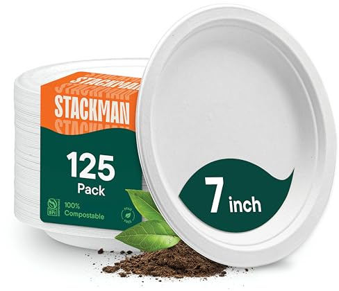Stack Man 100% Compostable Small Paper Plates 7 Inch Heavy-Duty [125-Pack] Eco-Friendly White Bagasse Disposable Dessert Cake Plates - 7 Biodegradable Plate (BPI-Certified) (PFAS-Free)