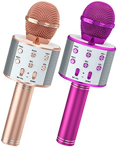 Wowstar Wireless Microphone, Karaoke Bluetooth Microphone for Kids Adults, Portable Toy Karaoke Mic Speaker Machine, Home KTV Player Support Android & iOS Party Singing (Rose Gold&Violet) Bugle Brass