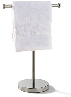 SunnyPoint Countertop Hand Towel Holder Stand – 16.5 Tall Stainless Steel T-Bar Rack with Weighted Base, Brushed Satin Nickel Finish – Jewelry Holder for Bathroom, Vanity, or Kitchen