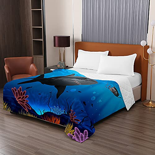 Odot Colcha Bouti de Verano, 3D tiburón Estampado Suave Microfibra Multiusos Cubrecama Lavable Acolchada Edredón Manta para Cama de Infantil Individual Matrimonio (200x230cm,Arrecife de Coral)