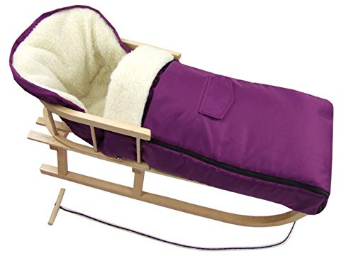 Kombierbjudande träsläde med ryggstöd och dragrep + universell vinteråksäck (108 cm), även lämplig för babystol, barnvagn, buggy, lammull, uni (körsbär + släde)