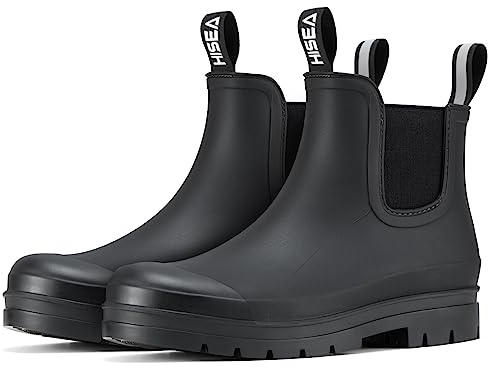 HISEA Women's Short Rain Boots Fashion Waterproof Chelsea Boots Ankle Garden Shoes for Ladies Non Slip Outdoor Work Booties Lightweight Rubber Rainboots with Comfort Insole, Size 9 Black