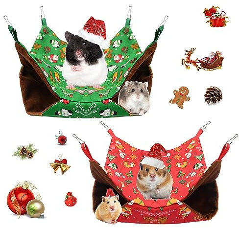 Hileyu 2PCS Small Pet Cage Hammock 2 Layer Hamster Hanging Bed Christmas Tree Snowman Rat Hammocks Guinea Pig Cage Accessories Rabbit Hamster Guinea Pig Rabbit Squirrel(Red and Green)