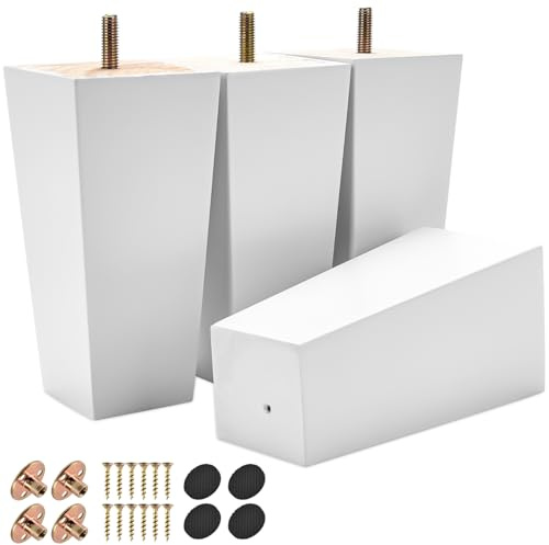 Btowin 10cm Holz Möbelfüße Pyramide mit M8 Bolzen & Platten 4er Set Weiß | Standfläche +20%, Tragkraft 60kg/Bein, inkl Bodenschoner & Hardware, Einfache 10-Min. Montage für Sofa Bett Ottomane Hocker