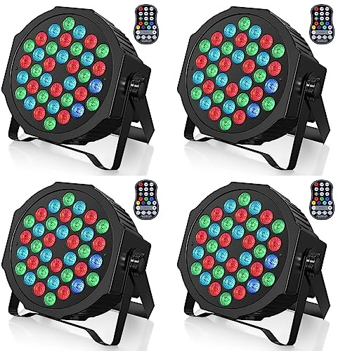 ZonQoonz 4 PCS 36W Akku Bühnenlicht, RGB Wiederaufladbar LED Par Licht mit Fernbedienung und 7 Beleuchtung, 1/3/4/6 Stunden Timer Akku Strahler outdoor für Hochzeit Bar DJ Show Disco
