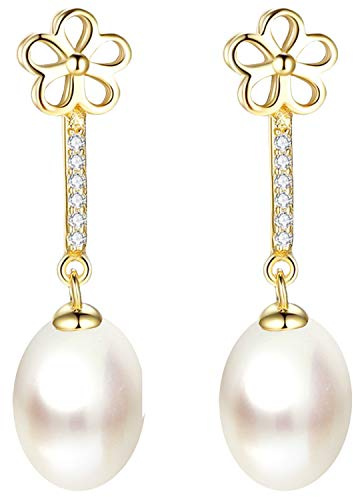 LÖB Damen Perlenohrringe 925 Silber Gold Vergoldet Zuchtperlen Zirkonia Blume Tropfen Anhänger Perlen Ohrringe Hängend Ohrstecker Perlenohrstecker Brautschmuck