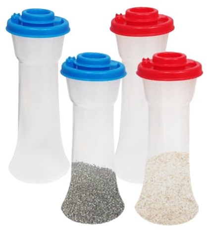 Voittozege Lot de 2 salières et poivrières en plastique avec couvercles - Grande salière et poivrière - Résistante à l'humidité - Avec couvercle en sablier - Pour la cuisine - Rouge et bleu