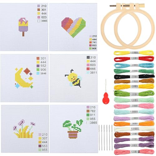 JSRQT 6 Pezzi Kit Ricamo per Principianti con Motivo Bambini Punto a Croce Kit Ricamo Starter con Istruzioni Embroidery Kits for Adults Kit di Pratica di Ricamo DIY Kit Cucito A Mano Cucire Accessori