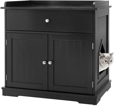 SOARS Katzenschrank, Katzenklo Schrank mit Schublade und 2 Türen, Katzentoilette mit Katzenlöchern, 3 in 1 Katzenhaus, Beistelltisch, Badezimmermöbel, Katzenmöbel Indoor & Outdoor (Schwarz)