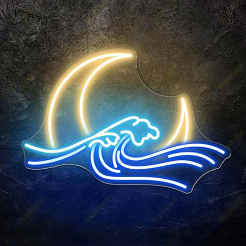 HFHungkeong Led Arylic Neon Mond Schilder Wellen Neonlicht mit dimmbarem Schalter Spiel Neon für Spielzimmer Wohnheim Bar Wanddekoration Nachtlampe für Männerhöhlen Geschenke 41x29cm (gelber Mond)