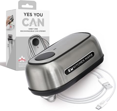 Abrelatas recargable Orbit One de Kitchen Mama: Funcionamiento manos libres, carga tipo C, apagado automático, borde liso, cuchilla de calidad profesional para latas grandes (Acero inoxidable)