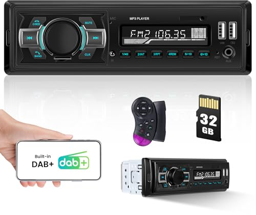 DAB/DAB+ Plus Autoradio Bluetooth 5.0 FM 7 Farbenmit 1 Din mit Bluetooth Freisprecheinrichtung, Single DIN Radio Stereo mit USB/32G SD Karte/MP3-Player, Unterstützung Audio Recording Digital Radio