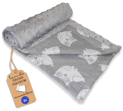 Leanbe Babydecke 50x70 cm – Kuscheldecke für Kinderwagen & Bett, doppelseitig, weich & flauschig, Baumwolle, Decke für Babys & Kleinkinder (Grau Minky-Eulen)