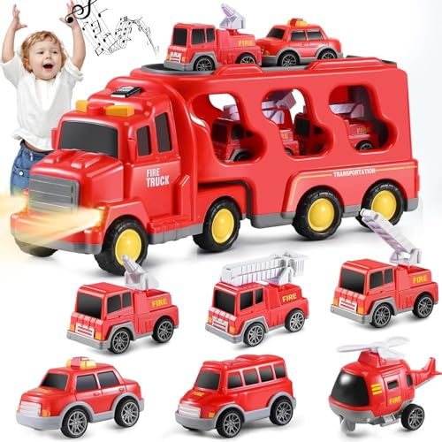 7 in 1 Fire Engine Truck Toy - Transporter Toy Cars with Light & Sound, Play Vehicles Christmas Birthday Gift for Toddlers Boys 3 4 5 6 7 8 Years Old