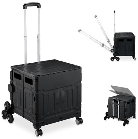 Relaxdays Einkaufstrolley Treppensteiger, klappbar, Einkaufskorb mit Rollen, Deckel, neigbarer Teleskopgriff, schwarz