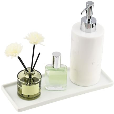 YoHyien Vassoio Bagno Portaoggetti in Ceramica, Organizer per Vassoio Bianco Rettangolare, Decorativo Svuotatasche Moderno per Profumi, Sapone, Candele, Cucina (L)