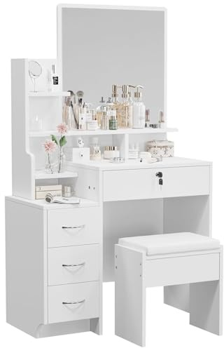 Dripex White Dressing Table with Large Wide Mirror & Soft Stool, Vanity Desk Set with Open Storage Shelves, 4 Wooden Drawers, Makeup Desk, Spacious Storage