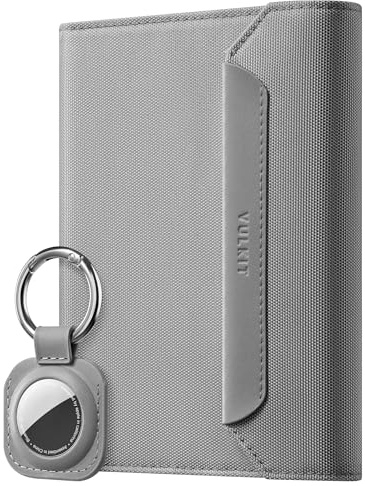 VULKIT Funda Pasaporte con Porte Airtag Desmontable, Porta Pasaporte y Tarjetas de Cuero Vegano para Viajes, Gris