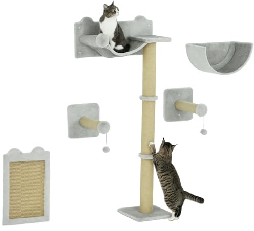 PawHut Katzen Kletterwand Set Kratzpfosten für Katze bis 5 kg Hellgrau | 5-Teilig, Hängematte, Sprungplatt, Wandkratzbaum, Klettern, Katzenkratzbaum, Katzenmöbel