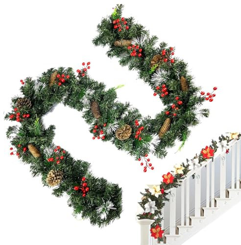 Weihnachtsgirlande – 2,7 m Kaminsims, Weihnachtsgirlande, künstliche Weihnachtsgirlande mit Tannenzapfen und roten Beeren, Weihnachtsdekoration, Kranzgirlande für Kamin, Treppe, Haustür