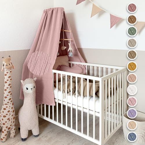 lilimaus Betthimmel Babybett mit Gold Applikation in 12 Farben [inkl. Himmelstange] - Himmel Babybett aus 100% Baumwolle Musselin für Mädchen & Jungen - Himmelbett mit Stange - Kinder Babyzimmer Deko