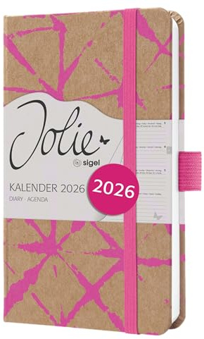 SIGEL J6800 Wochenkalender 2026 A6 neon-pink, Hardcover aus Kraftpapier, Gummiband, Stiftschlaufe, 174 Seiten, vegan, Buchkalender, Terminplaner Taschenkalender Jolie