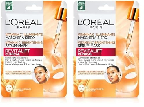 L'Oréal Paris Maschera-Siero Idratante in Tessuto, Con Vitamina C, Effetto Illuminante, Per Pelle Più Luminosa e Pori Meno Visibili, Revitalift Clinical, 26 g (Confezione da 2)