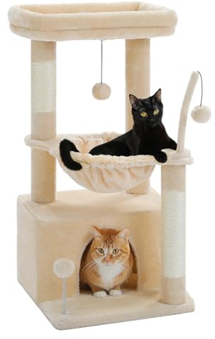 PAWZ Road Kleiner Katzenbaum für Indoor-Katzen mit Hängematte, Katzenturm mit Sisal-überzogenem Kratzbaum, großer oberer Sitzstange, Katzenkratzbaum, Beige 83 cm