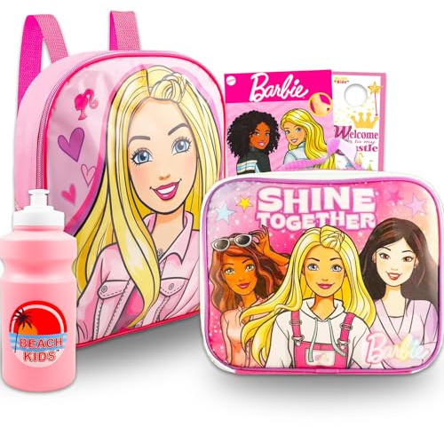 Barbie Mochila pequeña con lonchera para niñas, paquete con bolsa escolar de 11 pulgadas, bolsa de almuerzo más tatuajes, botella de agua y más | Mochila Barbie Girls para escuela primaria
