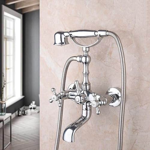 Robinet mitigeur de Baignoire Mural avec pommeau de Douche et poignée en Croix Kit de mitigeur de Baignoire-Douche à Double Levier Mural rétro pour Salle de Bain, Chrome