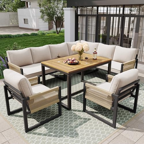 DRIXNO Garten Essgruppe 7-8 Personen, Gartenlounge-Set Beige, Gartengarnitur Sitzgarnitur, Gartenmöbel Set für Garten, Balkon, Terrasse, Wetterfest Sitzgruppe Essgruppe