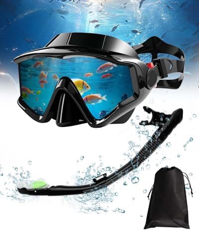 ViKKent Schnorchelset Erwachsene, Schnorcheln Set mit Dry Top Schnorchel und Taucherbrille, Anti-Fog Anti-Leck aus Gehärtetem Glas und 180° Sicht für Tauchen Schnorcheln Schwimmen