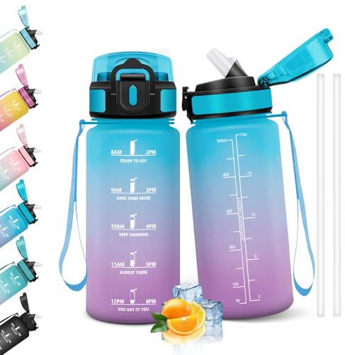 HoneyHolly Gourde Paille, Gourde 500ml, sans BPA & Étanches, Bouteille, Motivation Bouteille d'eau, Avec Marqueur de Temps, Water Bottle pour Gym, Ecole, Cyclisme, Plein Air, Sport