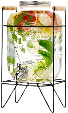 Dispensador de bebidas de vidrio para fiestas, dispensador de agua de vidrio transparente con soporte Infusor de frutas Servidor de bebidas de boca ancha para fiestas, bares Botella de agua fría